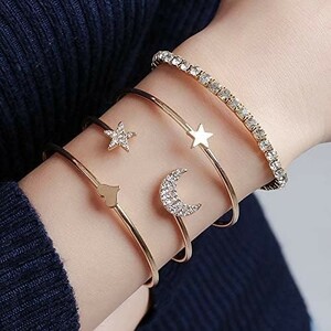 ☆ オシャレ 4点セット 月 星 バングル ☆ レディース ジュエリー ブレスレット 腕輪 チェーン 可愛い アクセサリー 金 z8