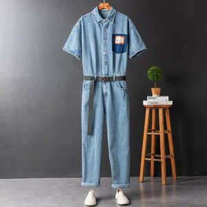 つなぎ 作業服　オールインワン　ダメージ加工　デニム　ベルテッド　つなぎ　オーバーオール　ペインターパンツ 半袖　カーゴ　サロペット