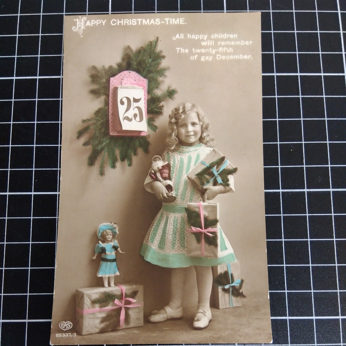戦前絵葉書 アンティーク 手彩色 絵葉書 西洋 クリスマスプレゼント 少女 ポストカード 1914年, 印刷物, 絵はがき, ポストカード, その他