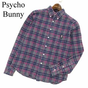 Psycho Bunny サイコバニー 秋冬 スカル バニー ワッペン★ 長袖 ボタンダウン チェック ネル シャツ Sz.S　メンズ 日本製　C3T07524_8#B