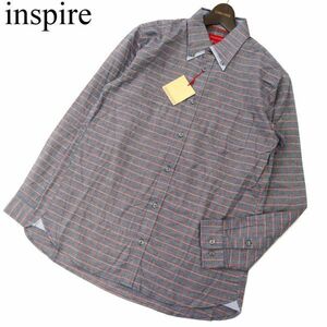 【新品 未使用】 INSPIRE インスパイア 通年 二重襟★ 長袖 ボタンダウン チェック シャツ Sz.L　メンズ 紳士 男性 ネイビー　C3T07606_9#C