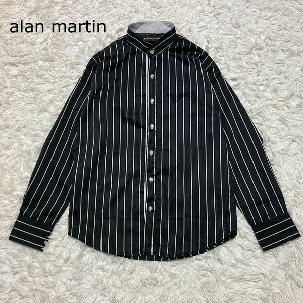 alan martin アランマーティン バンドカラーシャツ 長袖シャツ ストライプ 黒 Lサイズ