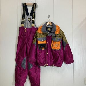 BB デサント DESCENTE 高級 ヴィンテージ スキーウェア セットアップ 上下 スノーボード ジャケット サスペンダーパンツ サイズO 30906AH