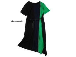 Pierre cardin ピエールカルダン 配色切り替え ウエストマークリボン ストレッチプルオーバーカットソー ロングワンピース M