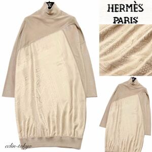 【E3996】新品同様！傑作 HERMES エルメス《最高級シルク100%！店頭完売品》大人気 ツイルレーヌ カレ スカーフ切替 ニット ワンピース 36