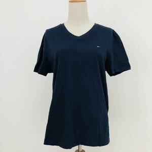 k0592 TOMMY HILFIGER トミーヒルフィガー Tシャツ 半袖 Vネック 綿100％ M ネイビー 無地 ロゴ刺繍 おしゃれ シンプルデイリーカジュアル