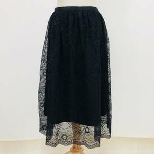 k0960 美品 ZARA BASIC ザラ スカート 膝丈 レース 透け感 裏地 ウエストゴム S 黒 レディース フェミニン 上品 エレガントガーリーチック