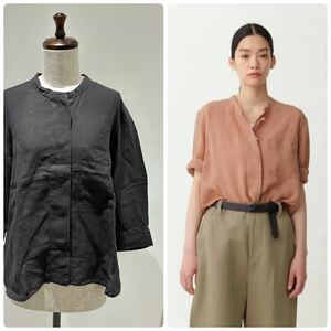 2022ss 22ss MARGARET HOWELL マーガレット ハウエル ノーカラー リネン 比翼 シャツ 七分袖 FINE LINEN SHIRT 墨黒 系 サイズ 2