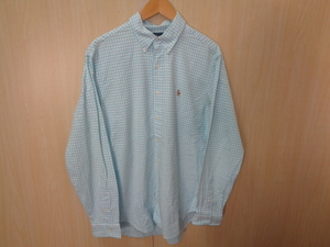 r27◆Ralph Lauren CLASSIC FIT ギンガムチェック B.D.長袖シャツ◆ラルフローレン Lサイズ 水色 綿100％ ワンポイントポニー刺繍入り 5I