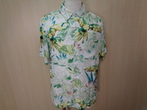 g28◆Vintage Silk アロハシャツ◆ヴィンテージシルク Lサイズ レーヨン100％ 花リーフ 総柄 ボタニカル 白×緑系 HAWAIIAN ネコポス発送5I_画像1