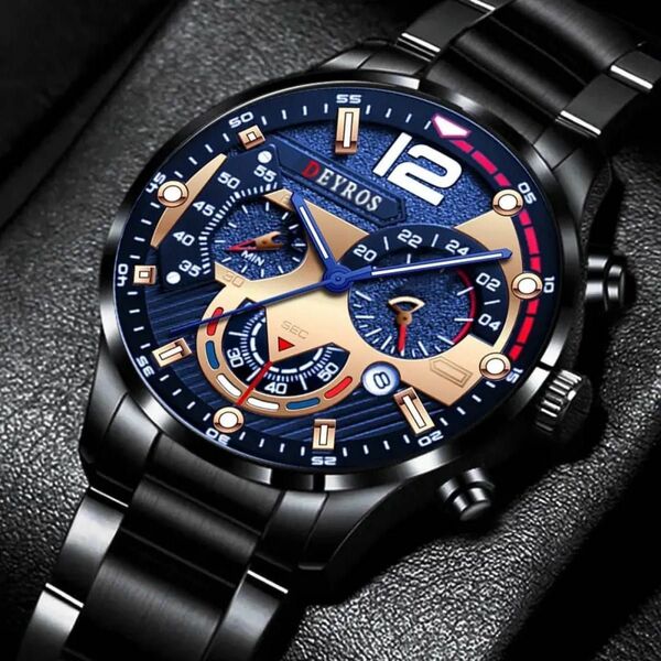 【新品・未使用】腕時計アナログDEYROS クロノグラフ メンズ ブラックブルー