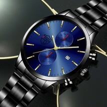  ブラック青　メンズカジュアル腕時計クォーツ電池式ビジネスシンプルカレンダーデイト黒_画像2