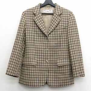 美品 Christian Dior ディオール ウールチェックパターンジャケット レディース ベージュ 服 洋服 秋 冬 長袖 ベージュ レディース