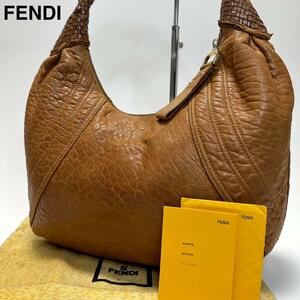 93【美品】フェンディ　FENDI　裏地ズッカ　レザー　ブラウン　茶　スパイバッグ　ハンド　ワンショルダー　手提げ　肩掛け