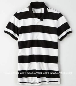 〓アメリカンイーグル/US S/AE Striped Pique ポロ/Black