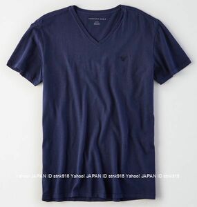 〓ラス２!!アメリカンイーグル/US XXL/AE Logo Slub V-ネックTシャツ/Navy