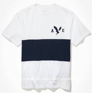 〓アメリカンイーグル/US XL/AE Super Soft Striped Graphic Tシャツ/White/Navy