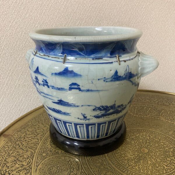 伊万里焼 楼閣山水鉢 時代手あぶり鉢 貝型耳 火鉢 染付 古伊万里 時代鍋島