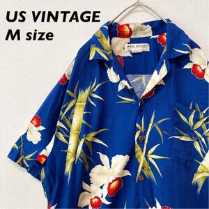 ハワイ製　アロハシャツ　ハワイアン　半袖　総柄　花柄　バンブー　男女兼用　Mサイズ　USA製　ユニセックス　柄シャツ　テロテロ