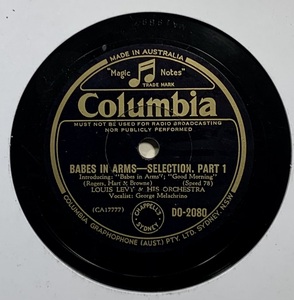 LOUIS LEVY & HIS ORCHESTRA/BABES IN ARMS SELECTION. PART 1, 2 / (Columbia DO-2080) SP record 78 RPM (.)