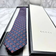 新品未使用タグ付 現行タグ レア GUCCI ネクタイ シルク100% GG柄 マーモントG 碇 蜂 ソーホー レギュラータイ ブランドロゴ 紺_画像2