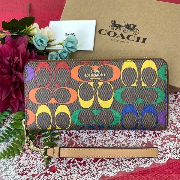 COACH＊コーチ 長財布 シグネチャー×レインボー ストラップ付き