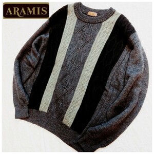 ARAMIS*アラミス*メンズ*セーター*Lサイズ*タスマニアウール100％*ケーブル編み*紳士*美品*プルオーバー*バイカラー*ダークグレー