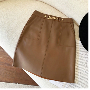 レディースラムレザースカート茶色台形スカートS