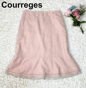 Courreges クレージュ ピンク ツイード ロゴプレート Aライン 台形 スカート 40 シルクカシミヤ混 レディース B92319-51