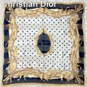 未使用 Christian Dior クリスチャンディオール ロゴ 大判シルクスカーフ ヴィンテージ 水玉 B92305-85