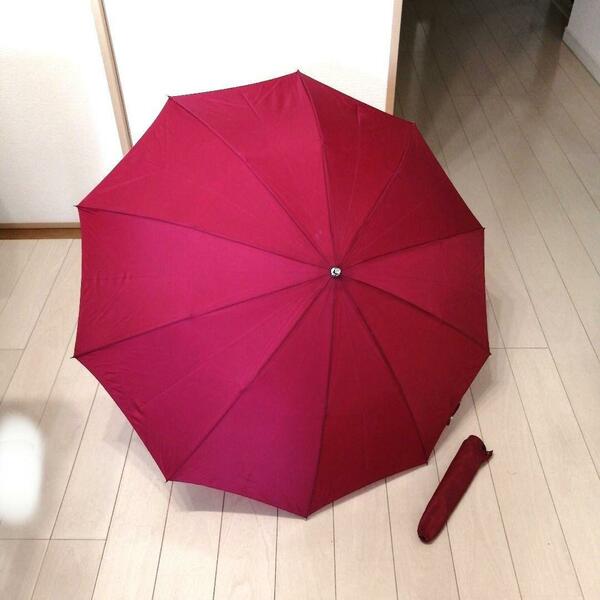 (汚れあり)　折り畳み雨傘　えんじ色　２段階伸縮　携帯用雨傘　臙脂色