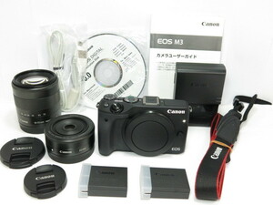 Canon EOS M3 EF-M18-55mm EF-M22mmF2 純正Wレンズ 予備バッテリー付 キヤノン [管CN1423]