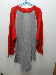 全国送料無料 アメリカ USA 古着 肩切替 グレーX赤色 メンズ たぶんMADE IN USA 7分袖 Tシャツ Sサイズ 