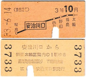 国鉄　地図式乗車券　£168　昭和33年　安治川口　→　10円区間　３等