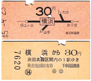 国鉄　地図式乗車券　£153　昭和45年　横浜　→　30区間　