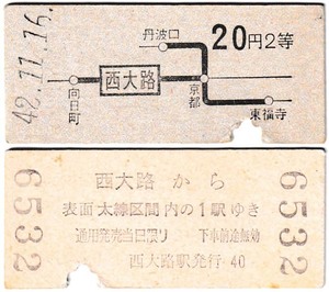 国鉄　地図式乗車券　£182　昭和42年　西大路　→　20円区間　2等