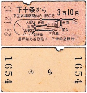 国鉄　地図式乗車券　£179　昭和28年　下十条　→　10区間　3等