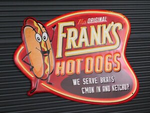 【エンボスメタルサイン】※《FRANK'S HOT DOGS》　ホットドッグ　アメリカン雑貨　エンボス看板　ブリキ看板