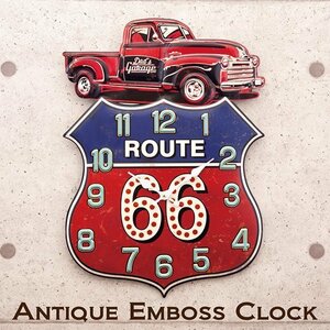 【Dad's Garage】※《アンティークエンボス クロック ・ROUTE66》　アメリカン雑貨　ブリキ看板　メタルサイン　時計　R66