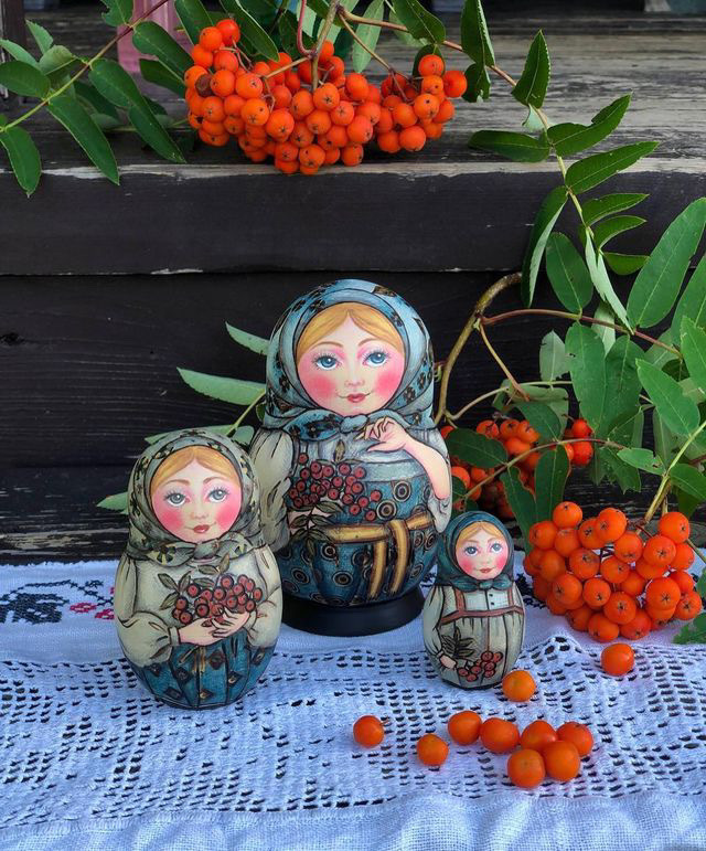 俄罗斯杂货 ☆ 木烧 Rowan Matryoshka 3P Ryabina by Tatiana, 手工作品, 内部的, 杂货, 装饰品, 目的