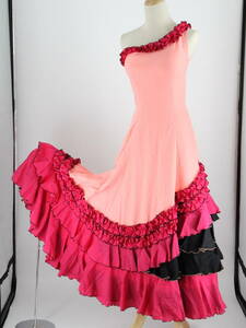 [ free shipping ][ beautiful goods flamenco costume ] salmon pink × gorgeous frill marks lie. beautiful . dress on a grand scale spread hem One-piece Flamenco