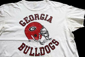 ★80s USA製 GEORGIA BULLDOGS アメフト コットンTシャツ ボロ 白 L★ビンテージ オールド スポーツ ブルドッグス ダメージ ホワイト