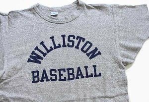 ★70s USA製 Championチャンピオン WILLISTON BASEBALL 染み込みプリント 88/12 Tシャツ 杢グレー L★ビンテージ バータグ ベースボール