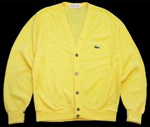 ★70s USA製 IZOD OF LONDON ワンポイント パール編み アクリルニット カーディガン 黄 S★LACOSTEラコステ ビンテージ ロゴ イエロー_画像1