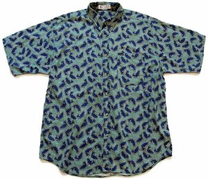 ★ 90S Columbia Colombia Fish Total Pattern Button Button Down Down рубашка с коротким рукавом ★ Старая рыболовная сеть на открытом воздухе над большим размером