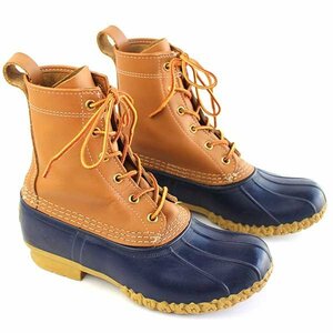 ★USA製 L.L.Bean 6ホール ビーンブーツ タン×ネイビー★オールド アウトドア キャンプ レインシューズ レザー 8インチ