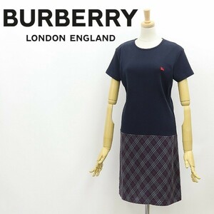 ◆BURBERRY LONDON バーバリーロンドン チェック柄 切替 ロゴ刺繍 コットン ワンピース 紺 ネイビー M