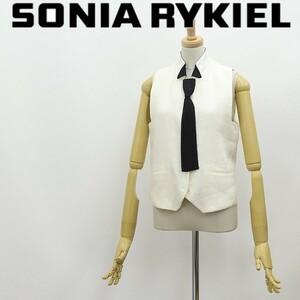 ◆SONIA RYKIEL ソニア リキエル リネン100％ ネクタイ付 ジレ ベスト アイボリー×ブラック 36