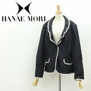 美品◆HANAE MORI NOUVELLE TAILLE ハナエモリ フリルカラー パイピング 3釦 ジャケット 黒 ブラック×アイボリー 46 大きいサイズ