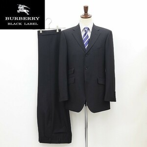 ◆BURBERRY BLACK LABEL バーバリー ブラックレーベル SUPER100's ストライプ柄 3釦 スーツ セットアップ 黒 ブラック 40R